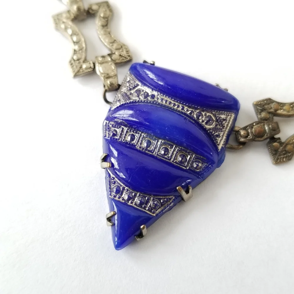 Relisted-Vintage Art Deco necklace blue glass silver tone choker - Picture 16 of 17